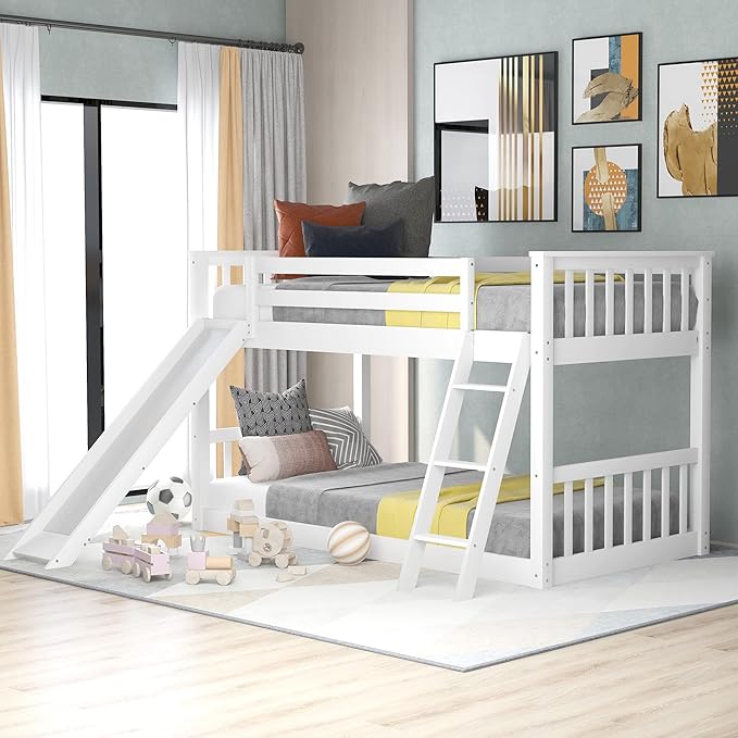 Bellemave Twin Over Twin Low Bunk Bed with Slide and Ladder, Low Bunk Bed for Kids, Girls, Boys, Floor bunk Bed, White