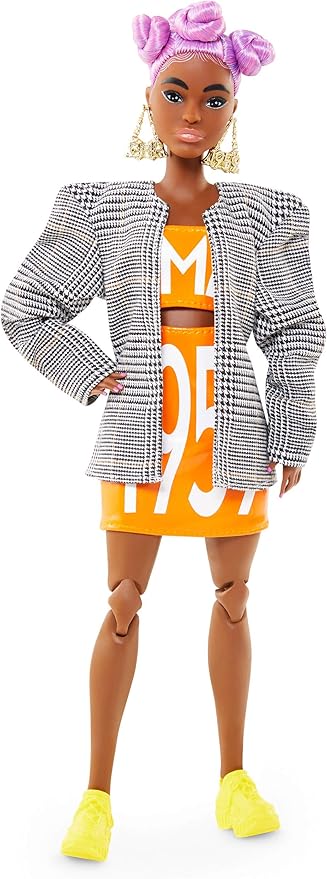 Barbie BMR1959 Fully Poseable Fashion Doll (11.5-inch) Petite with Lilac Hair, Matching Logo Top and Skirt with Blazer, with Doll Stand