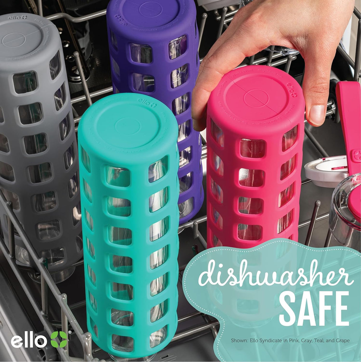 Ello Syndicate 20oz Reusable Glass Water Bottle with One-Touch Leak Proof Flip Lid and Protective Non-Slip Silicone Sleeve