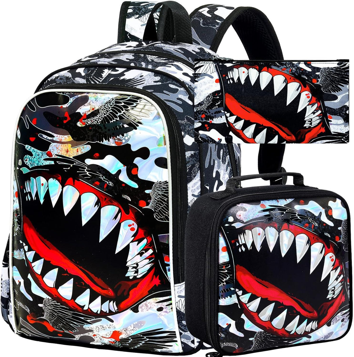 3Pcs Backpack for Boys, 16" Shark Kids Bookbag with Lunch Box