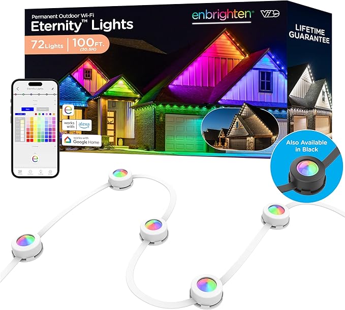 Enbrighten Vibe Eternity Permanent Outdoor Lights, 100ft, 72 RGBWIC LEDs, Perfect for Christmas, Gameday, Parties, and Everyday Tunable White, Smart App Control, Works with Alexa, Google Home, 81103