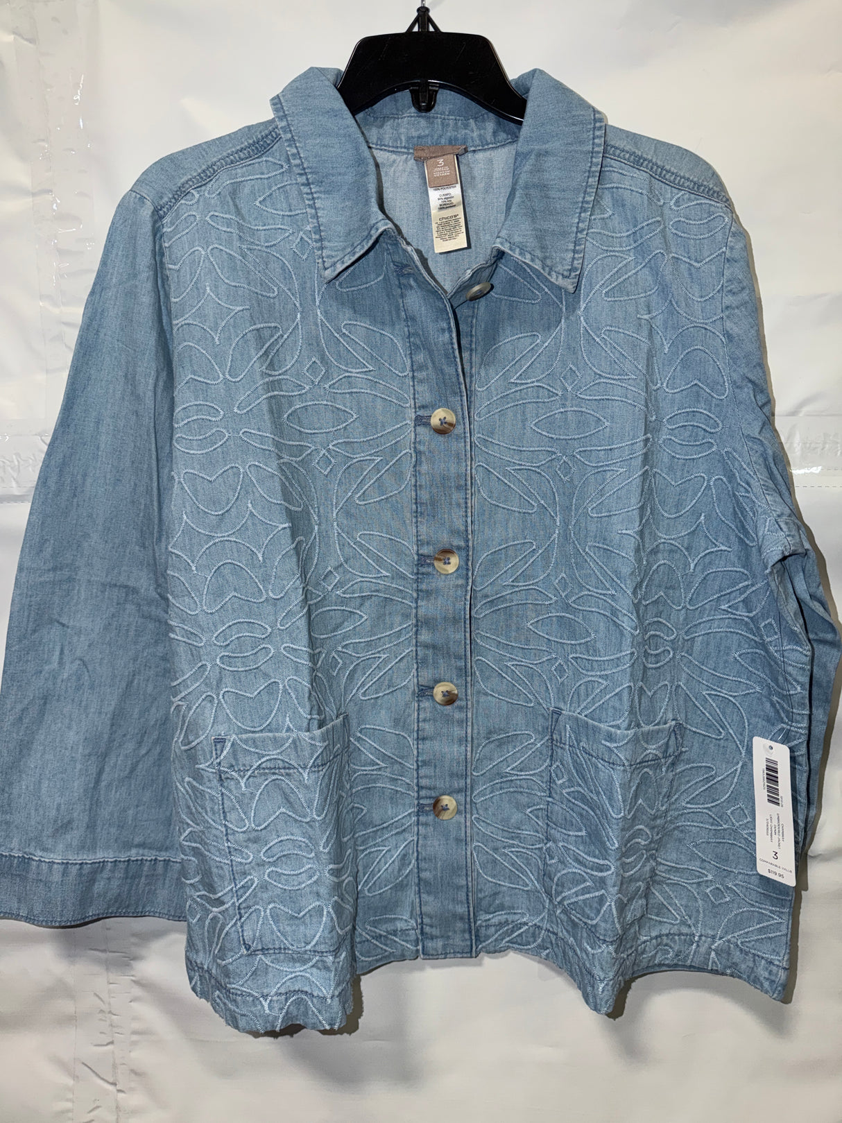 Chico's Chambray Embroidered Denim Jacket - Light Chambray