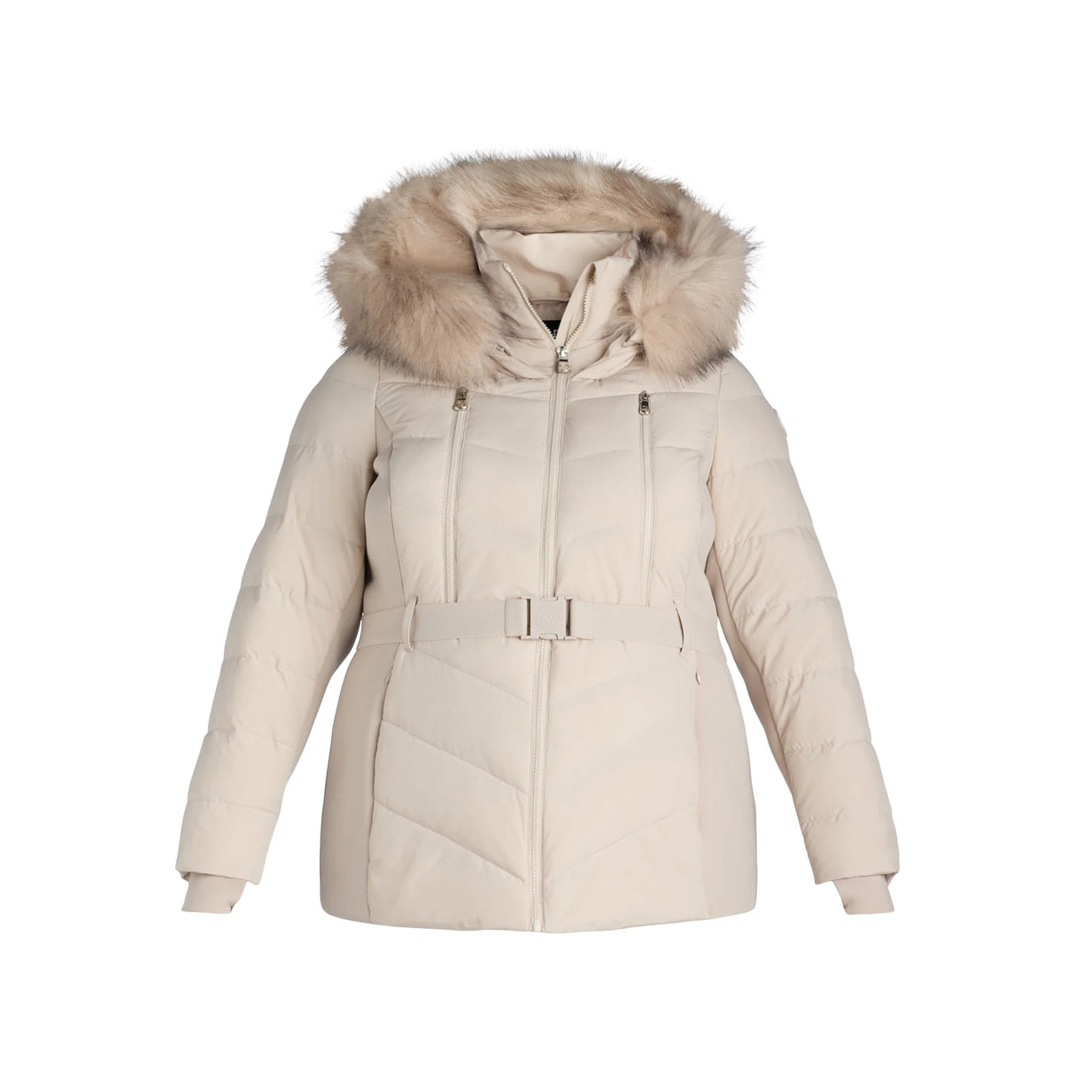 F.O.G.  Women's Plus Belted Puffer with Faux Fur Hood Size: XL