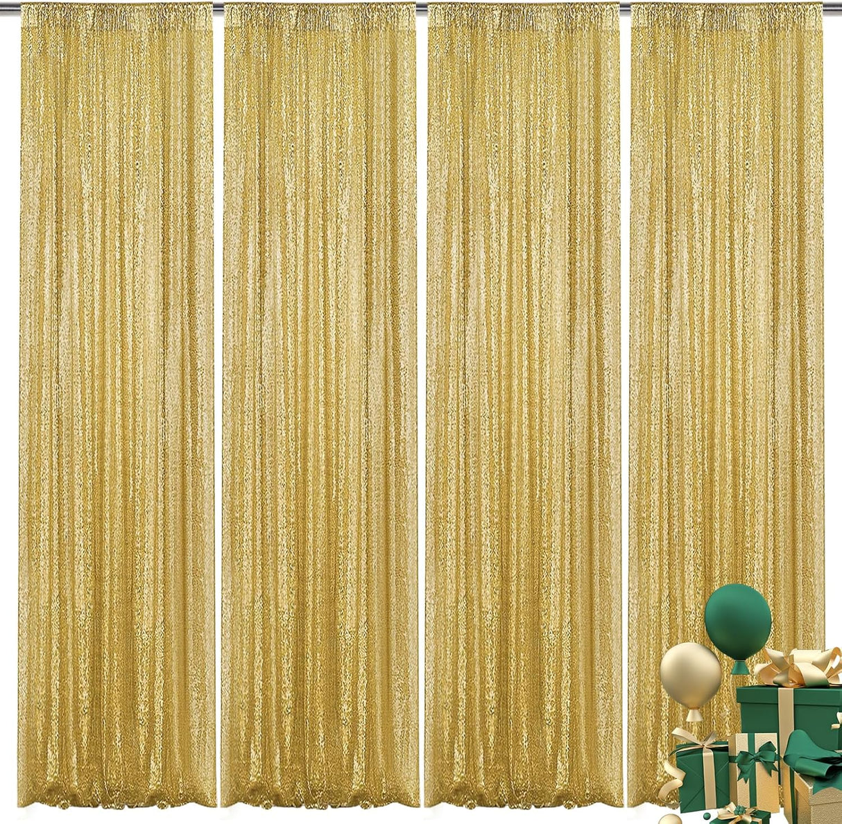 Gold Sequin Backdrop Curtain 4 Pieces 2FTx8FT Glitter Photography Backdrop for Party Wedding Birthday Christmas Decorations