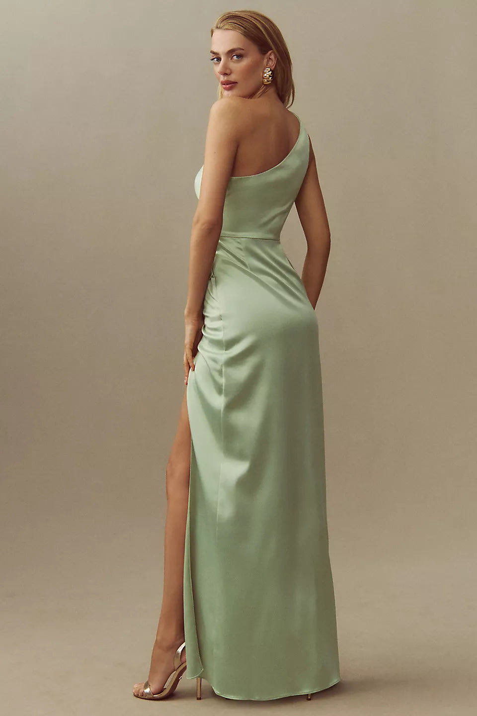 Anthropologie BHLDN Scottie One-Shoulder Side-Slit Stretch Satin Maxi Dress Size: M