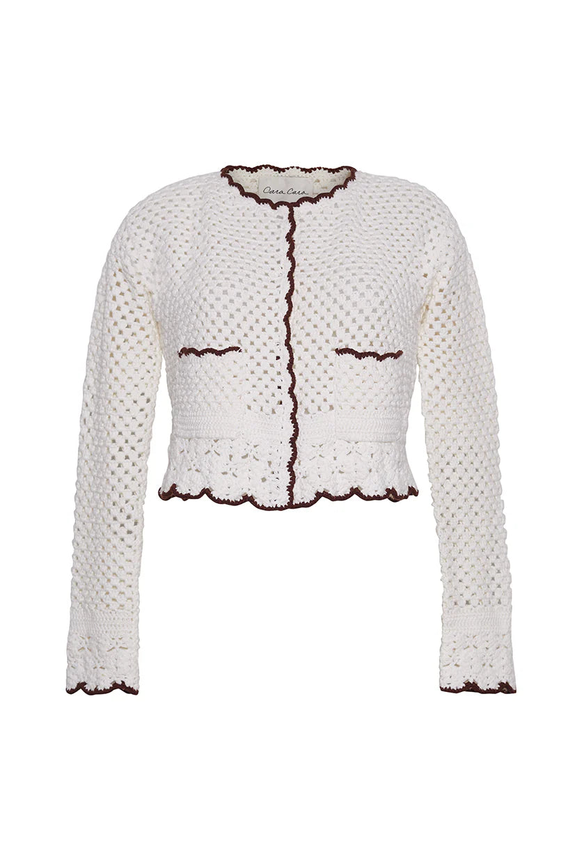Cara Cara- Alma Cardigan (S) Chic Crocheted White with Brown Trim