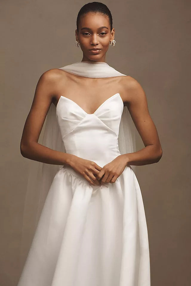 Watters Rickey Strapless Basque-Waist A-Line Midi Dress with Scarf Size 0