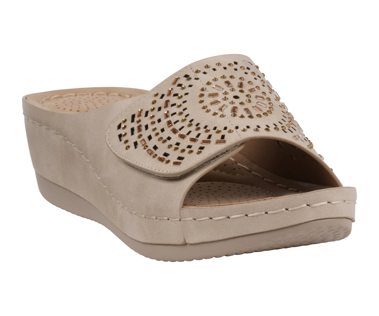 Women's Adrina Embellished Velcro Natural Wedge Sandals - Size 9
