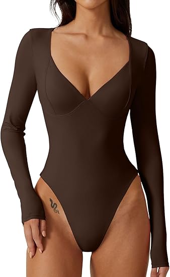 (S) QINSEN Women's Long Sleeve Bodysuit (COFFEE BEAN) V Neck Body Suits Seamed Cup Going Out Tops Shirt