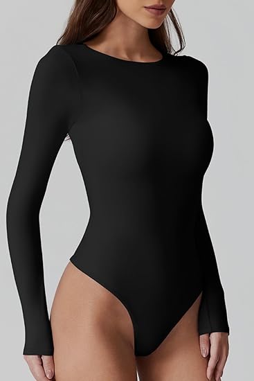 (S) QINSEN Womens Crew Neck Long Sleeve Bodysuit (BLACK) Double Lined Body Suits Basic T-Shirt Tops