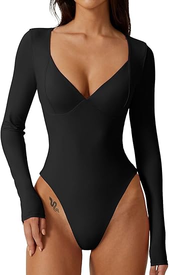 (XS) QINSEN Women's Long Sleeve Bodysuit (BLACK) V Neck Body Suits Seamed Cup Going Out Tops Shirt