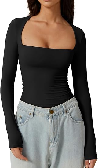 QINSEN Women's Sexy Square Neck Shirt Long Sleeve Double Lined Tee Fitted Top Size: Small