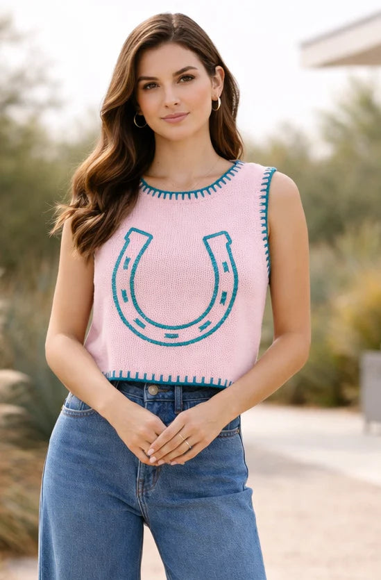 TH4215 PINK HORSESHOE SWEATER VEST Women's Med.