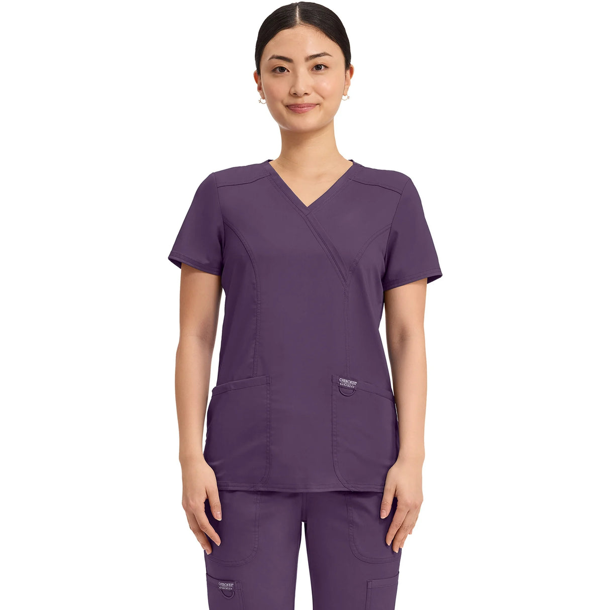 Cherokee Workwear Revolution Women's Scrubs Top Mock Wrap - Eggplant - Size XL