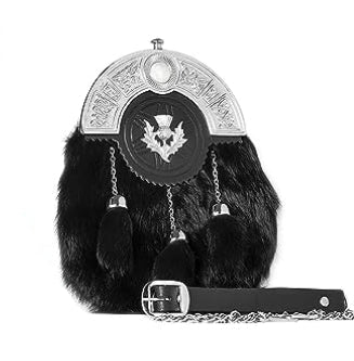 UMAM Genuine Leather Sporran for Men – Premium Fur Full Dress Scottish Kilt Accessory with Chain Belt | Black