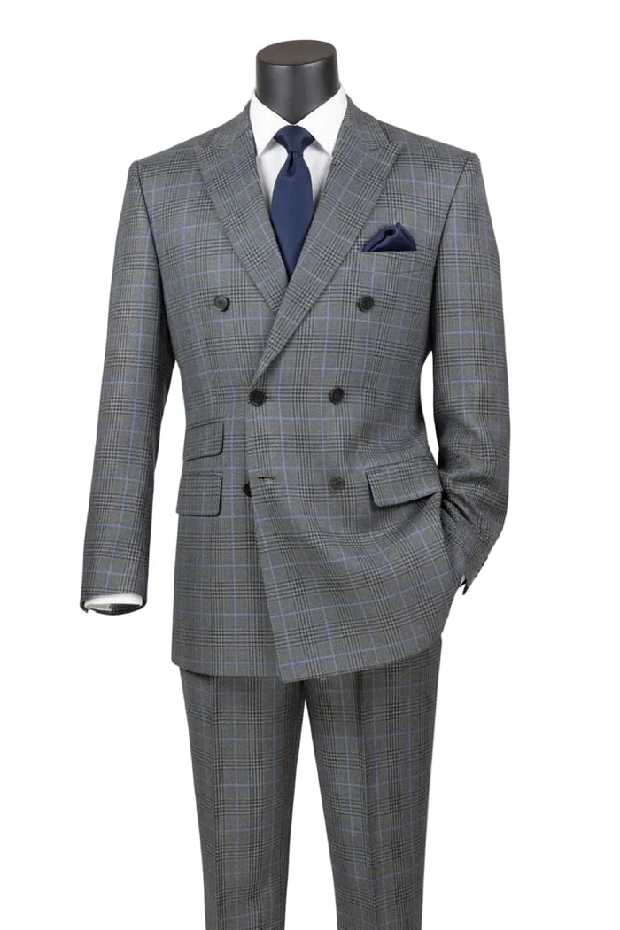 Alexander Collection - Charcoal Double Breasted 2 Piece Suit Regular Fit Tone on Tone Windowpane Size 52L 47W