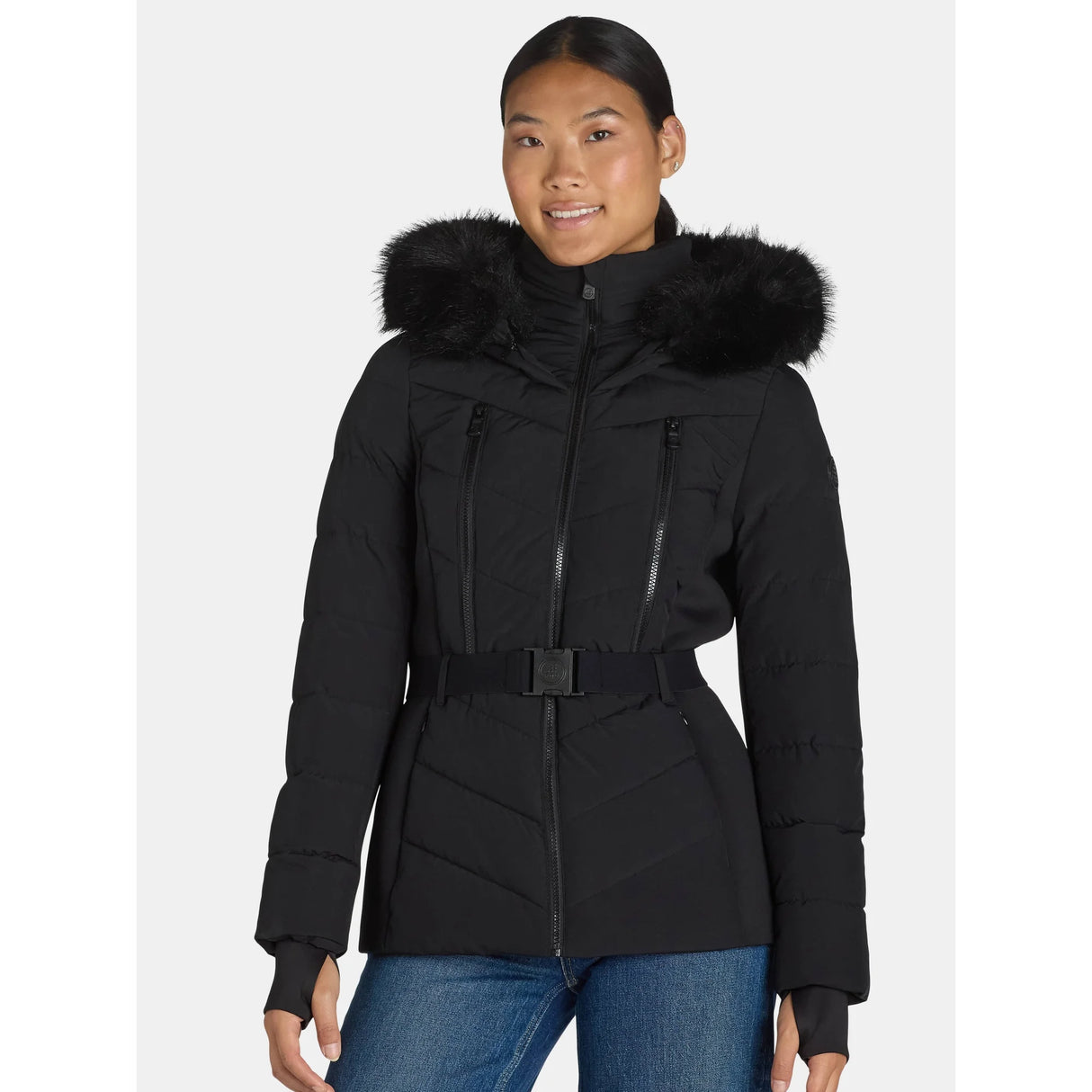 F.O.G. Women's Plus Belted Puffer with Faux Fur Hood Size: Medium