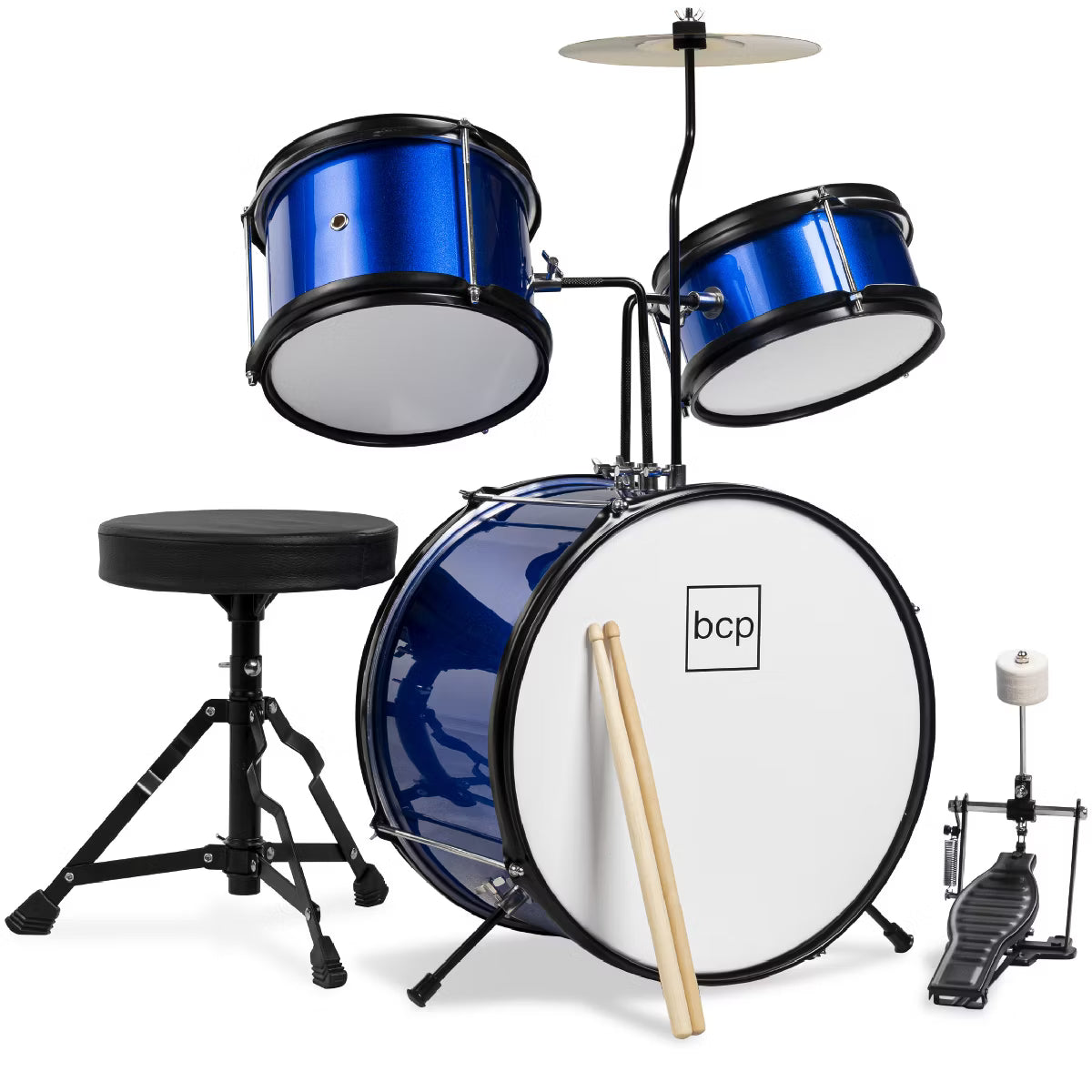 Best Choice Products Kids 3-Piece Beginner Drum Set with Sticks, Cushioned Stool and Drum Pedal - Blue