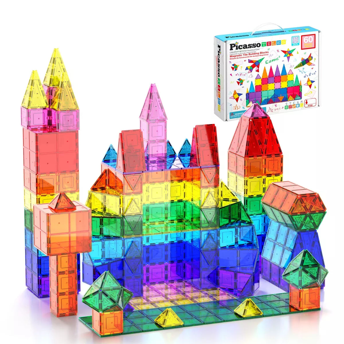 PICASSO-TILES Magnetic Tiles, Construction STEM Building Blocks Set, Educational Toy for Kids, 60PCS