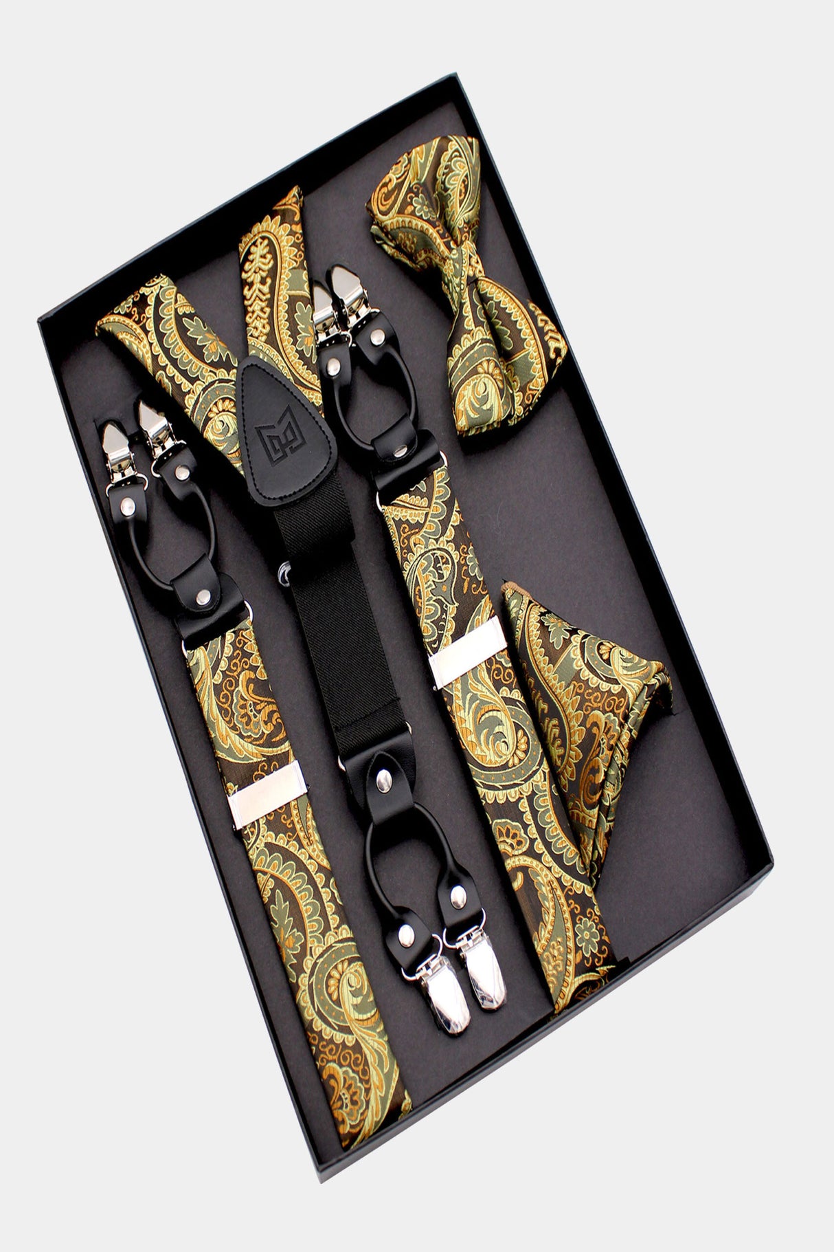 Gentleman's Guru Gold Paisley Bow Tie and Suspenders Set
