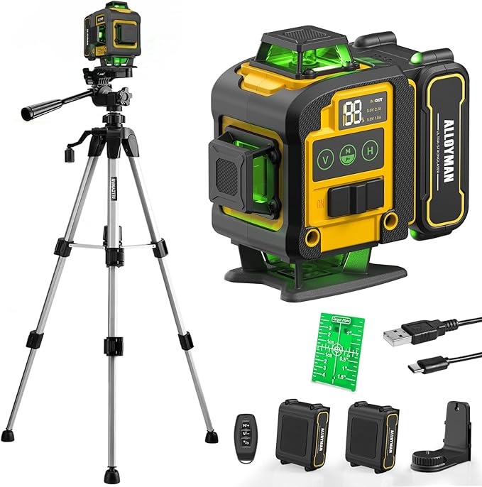 ALLOYMAN Laser Level with Tripod,Alloyman 4x360° Self Leveling Laser Level, Green Line Laser 4D Laser Leveler Tool with 2Pcs Lithium Batteries for Picture Hanging, Tile, Home Renovation, Indoor Project (YELLOW-3)