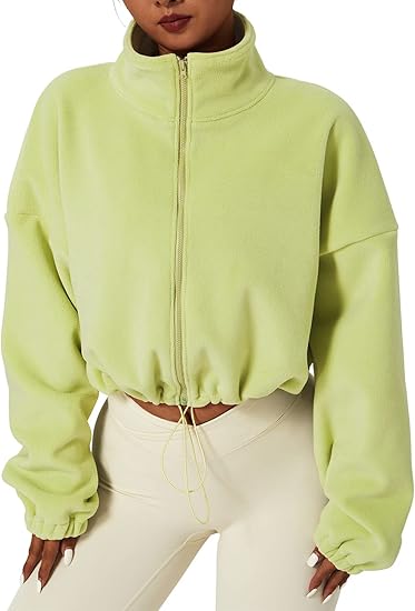 (Med)-QINSEN Women's Full Zip Fleece-Color: LIME Green-Short Jacket Warm Winter Long Sleeve Stand Collar Sherpa Crop Coat