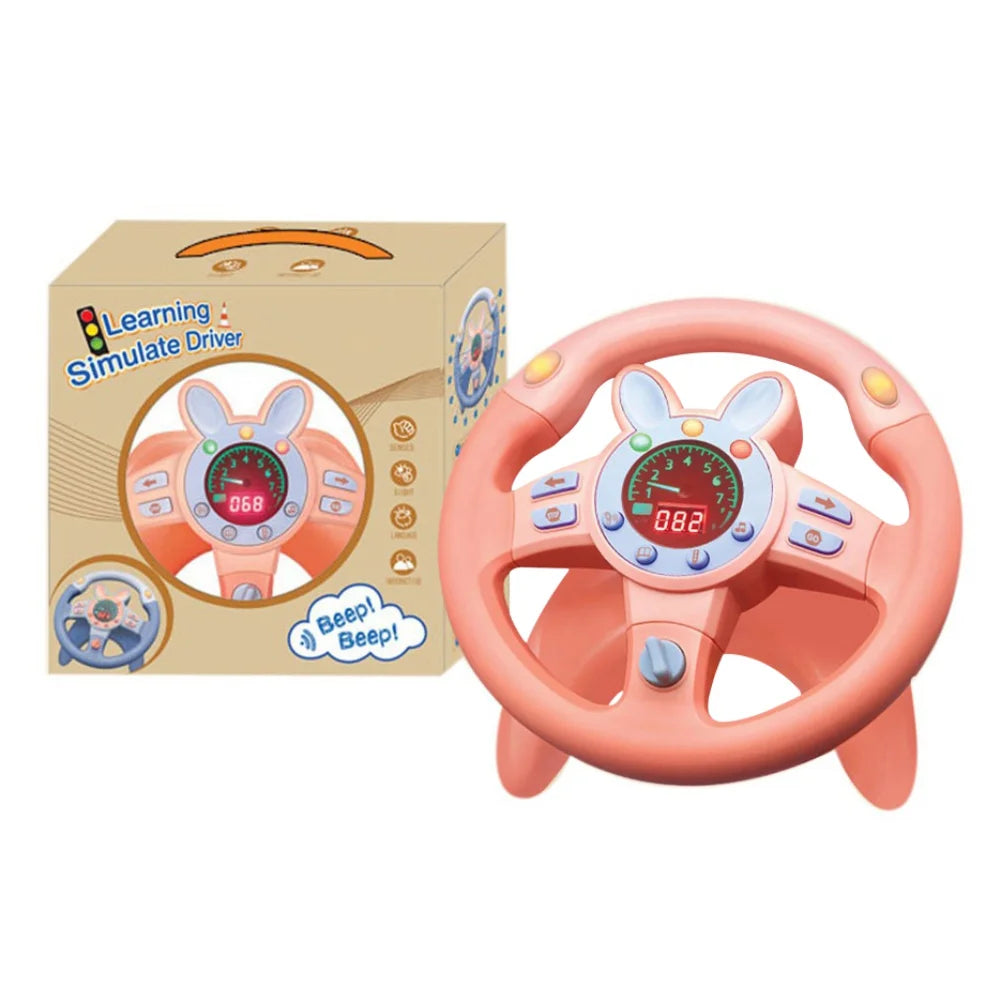 PINK-Kids Little Driver Steering Wheel for Backseat Driving Simulated Driving Steering Wheel Toy with Light and Music Gifts for Kids