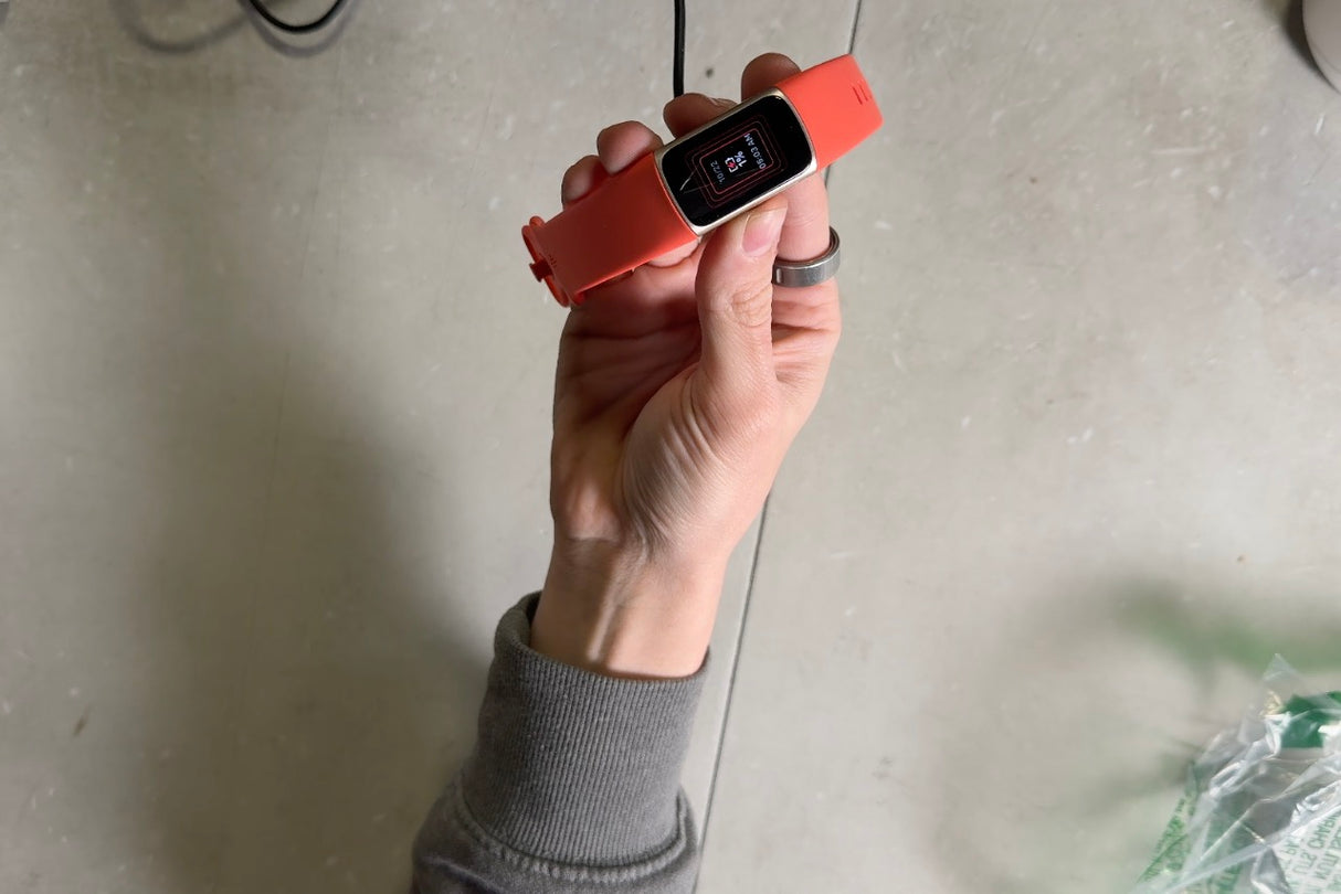 Fitbit Charge 6 Fitness Tracker with Google apps, Heart Rate on Exercise Equipment, 6-Months Premium Membership Included, GPS, Health Tools and More, Gold/Coral, One Size (S & L Bands Included)