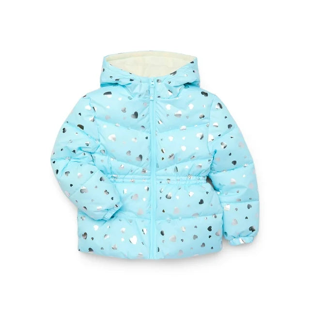 Pink Platinum Girls Heart Foil Printed Blue Hooded Puffer Jacket with Fleece Lining & Hat Size:2T