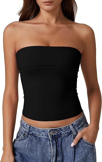 (SIZE-S) (Black) QINSEN Women's Tube Tops Strapless Bandeau Tops Double Lined Slim Fit Summer Going Out Tank Tops