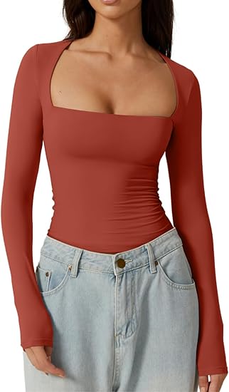 QINSEN Women's Sexy Square Neck Shirt Long Sleeve Double Lined Tees Fitted Going Out Top Size:
