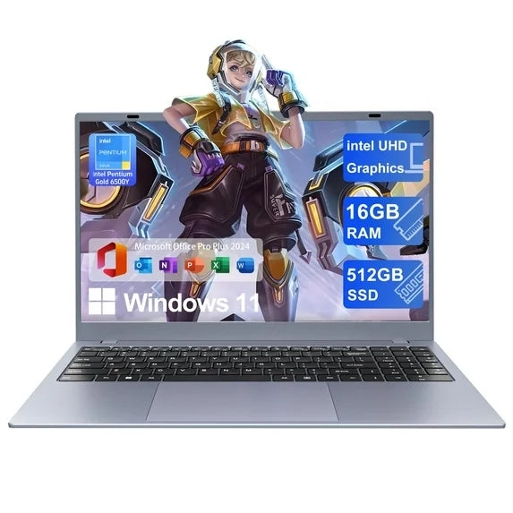 RNRUO 15.6" Windows 11 Laptop, 16GB RAM 512GB SSD, Intel Pentium Gold 6500Y with 2 Cores Up to 3.4GHz, Full HD Display, Office 2024, WiFi5 BT5.0, Laptop Computer for Business, Student, Home Office