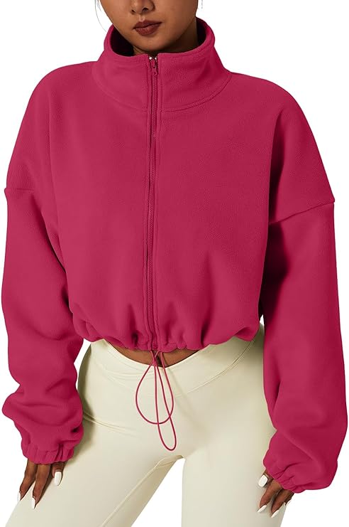 (Sm)-QINSEN Women's Full Zip Fleece-Color: Innuendo Rosy-Short Jacket Warm Winter Long Sleeve Stand Collar Sherpa Crop Coat