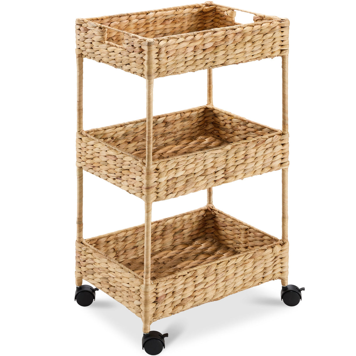 3-Tier Water Hyacinth Rolling Utility Cart w/ Weaved Baskets- Natural