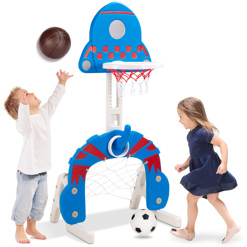 3-in-1 Toddler Basketball Hoop Sports Activity Center Play Set Blue with Ring Toss Blue with Ring Toss White with Golf