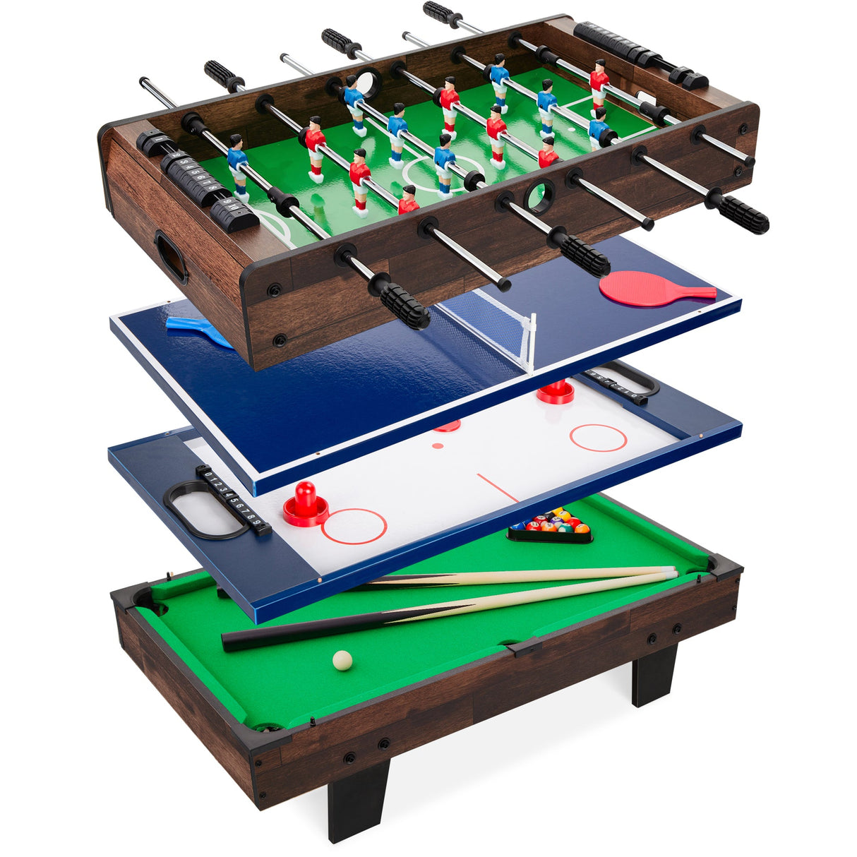 4-in-1 Multi Game Table Set w/ Air Hockey, Table Tennis, Billiards, Foosball- Dark Wood