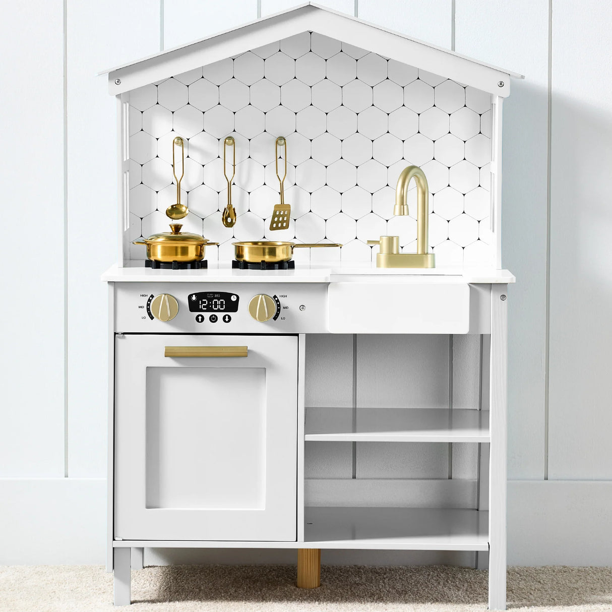 BCP Pretend Play Wooden Farmhouse Kitchen Set w/ Storage, 5 Accessories