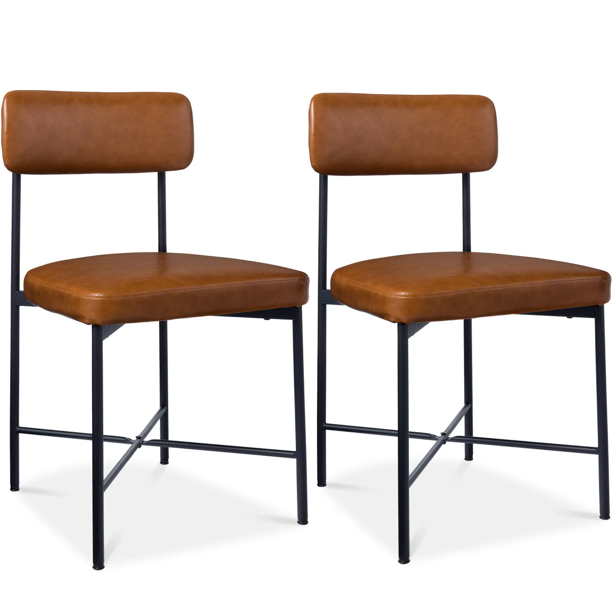 Dining Chair Set of 2, Faux Leather, Standard Height, Metal Frame, Camel Brown