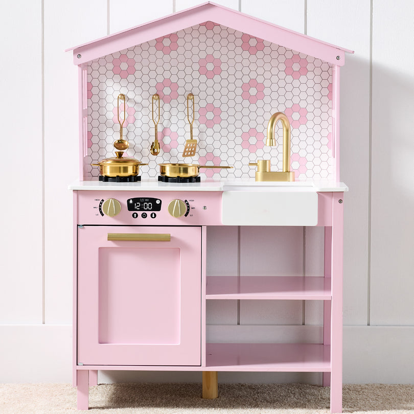 Pretend Play Wooden Farmhouse Kitchen Set w/ Storage, 5 Accessories-Pink