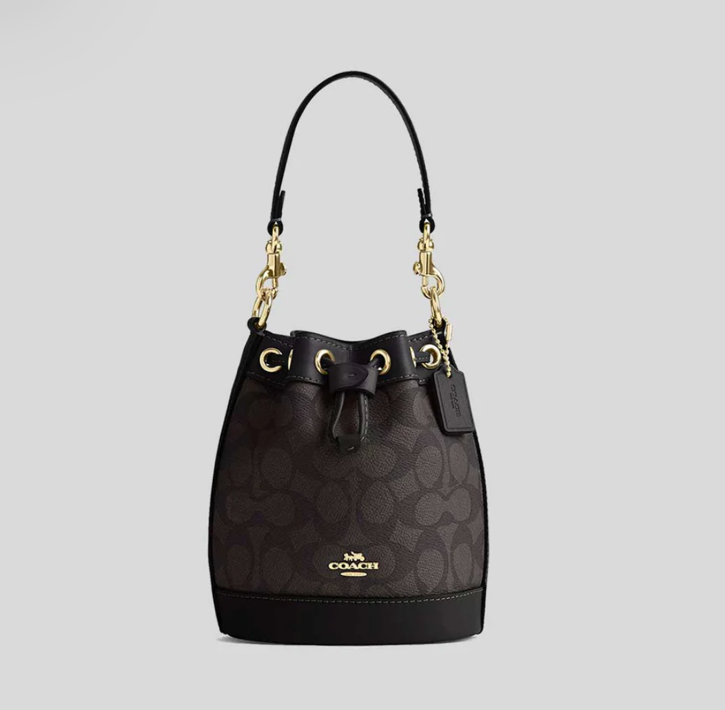 COACH Mini Bucket Bag In Signature Canvas Walnut/Black CW299