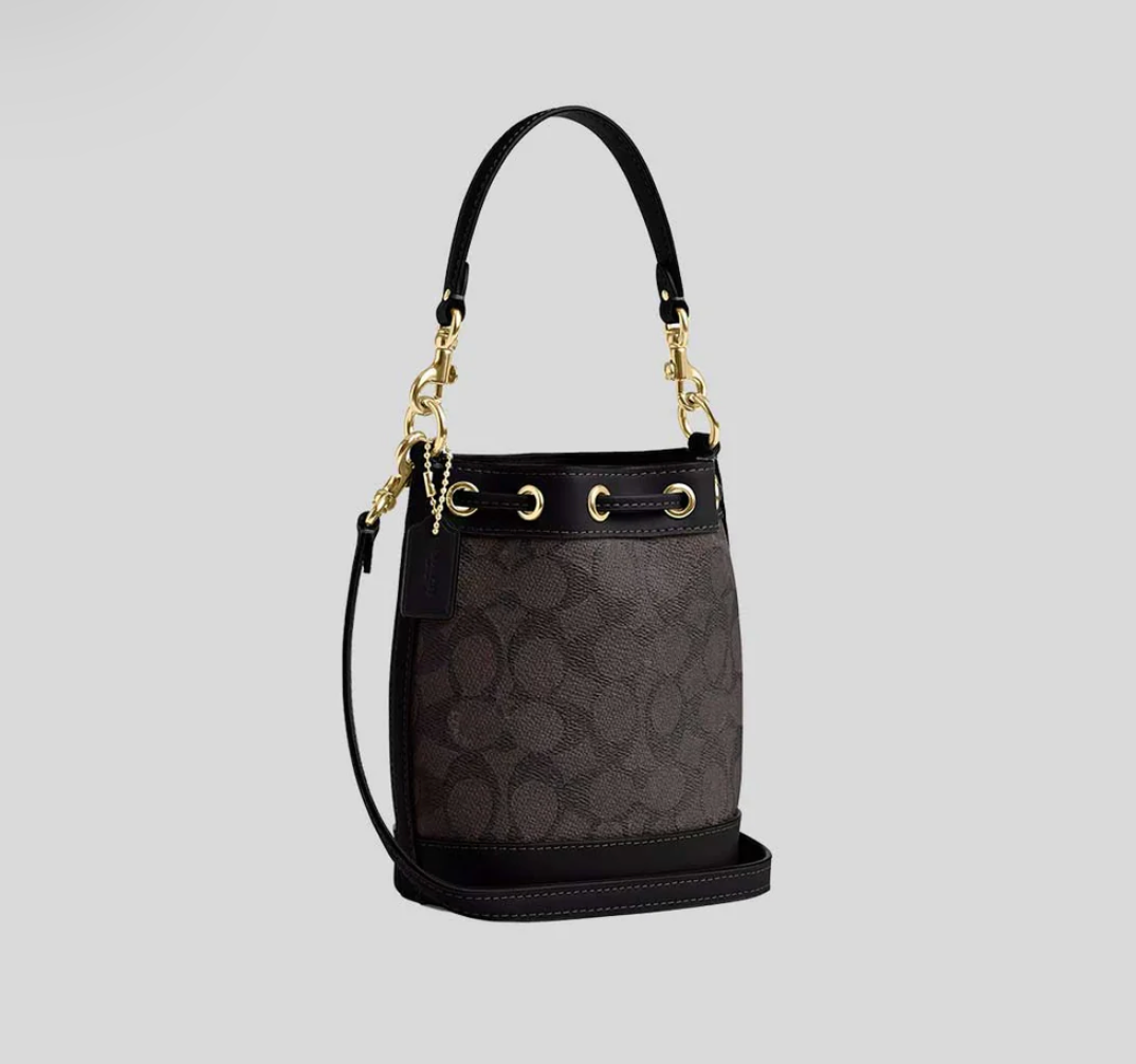 COACH Mini Bucket Bag In Signature Canvas Walnut/Black CW299