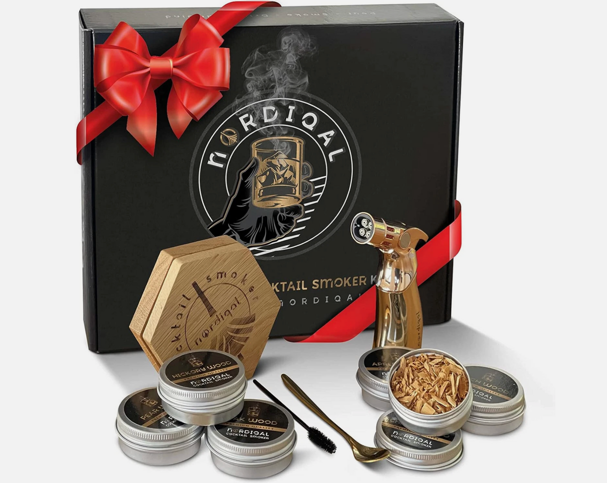 Nordiqal Cocktail Smoker Kit w/ Torch & 6 Wood Chip Flavors, Whiskey Smoker Set