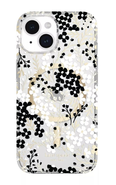 Kate Spade New York Apple iPhone 15/iPhone 14/iPhone 13 Protective Case with MagSafe - Black & White Floral with Gems (Open Box)