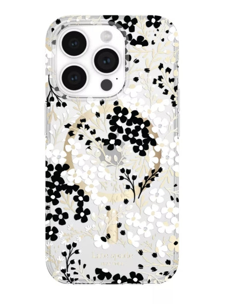 Kate Spade New York Apple iPhone 15 Pro Protective Case with MagSafe - Black and White Floral with Gems (Open Box)