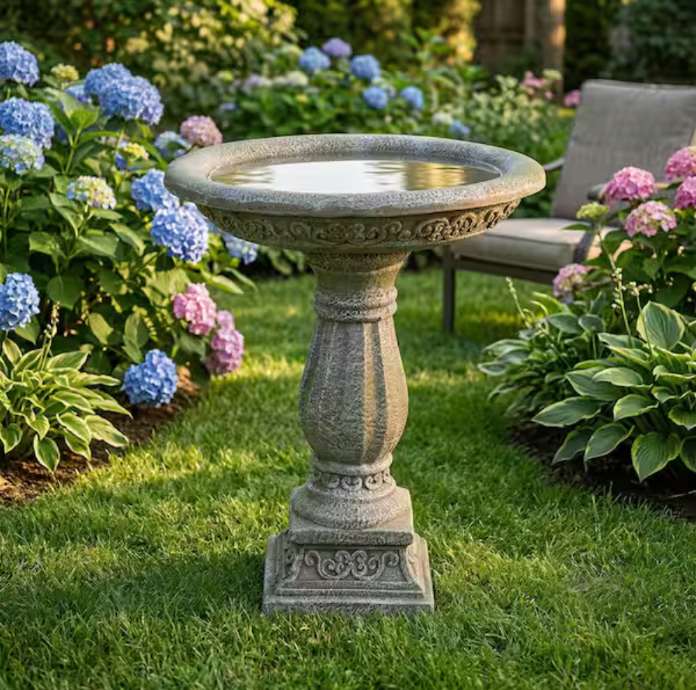 23.8 in. H Contemporary Concrete Pedestal Birdbath-Round 20 in. Dia