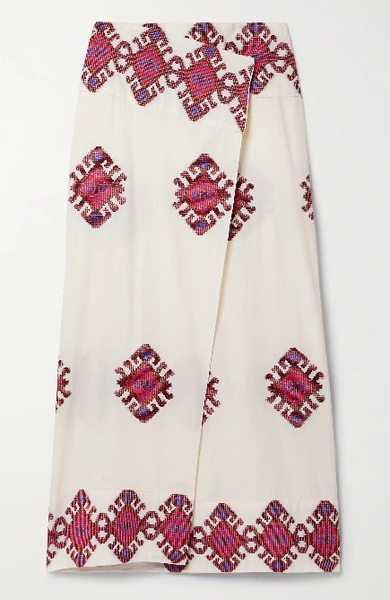 JOHANNA ORTIZ + NET SUSTAIN Beauty Abounds Embroidered Cotton Midi Wrap Skirt - Size 2