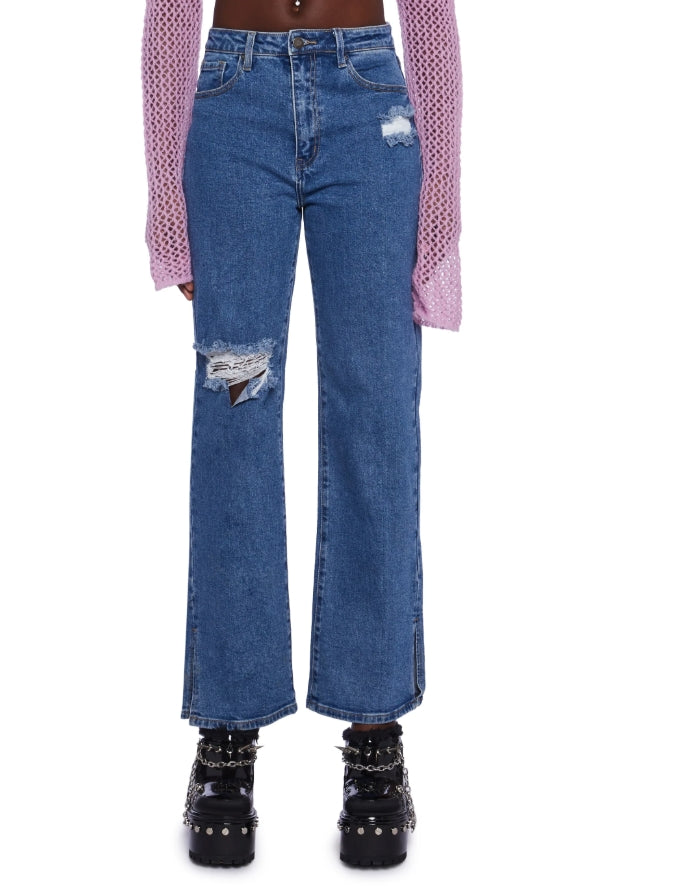 Distressed High Rise Denim Split Hem Jeans - 5/26