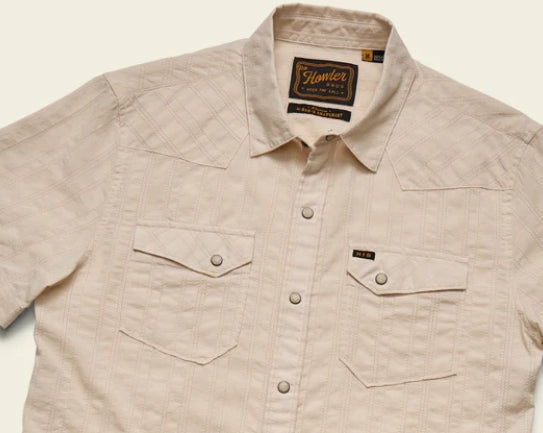 Howler Bros Men's H Bar B Snap Shirt, Eyelet Stripe/Off White, Lightweight Pearl Snap Short Sleeve Western Shirt