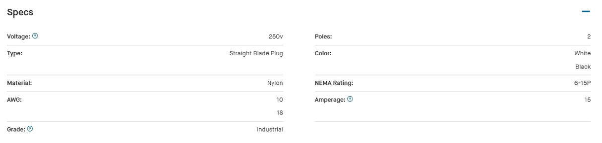 Straight Blade Plug, 15 Amp, 250 Volt, Industrial Grade - Black & White - 10 Pack