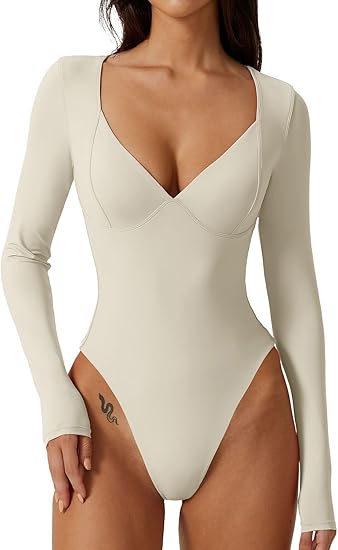 (M) QINSEN Women's Long Sleeve Bodysuit (WHITE) V Neck Body Suits Seamed Cup Going Out Tops Shirt